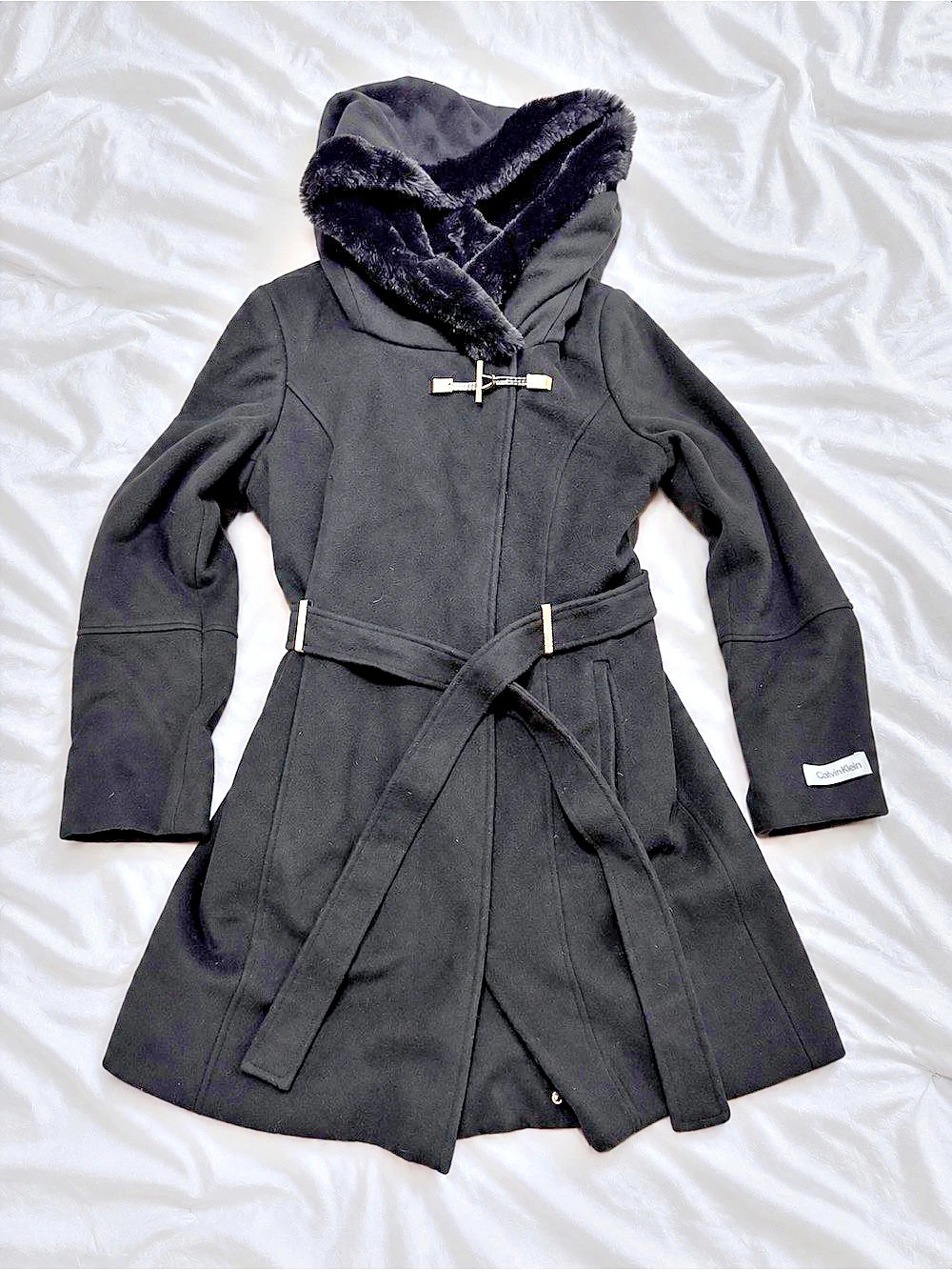 Calvin Klein Wool Blend Hooded Toggle Coat Black Medium
